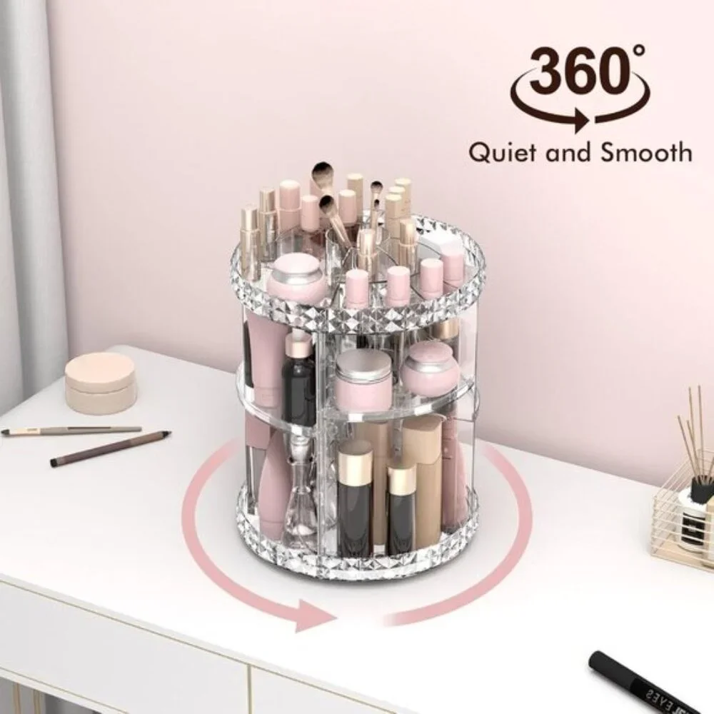 New 360° Rotating Makeup Organizer, Adjustable Clear Cosmetic Storage for Room